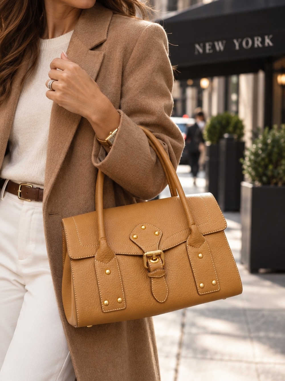 Maxx New York Cognac Brown Leather Satchel Handbag Gold Hardware